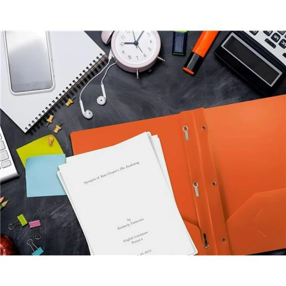 Better Office Products Orange Plastic 2 Pocket Folders with Prongs Metal 24 Pack